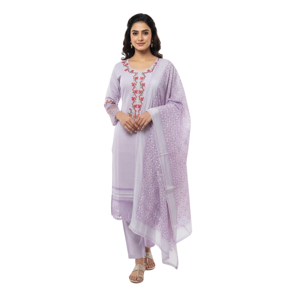 Women’s Lavender Cotton Suit Set with Lace Dupatta & Neck Embroidery | Ethnic Straight Kurta Pant Set