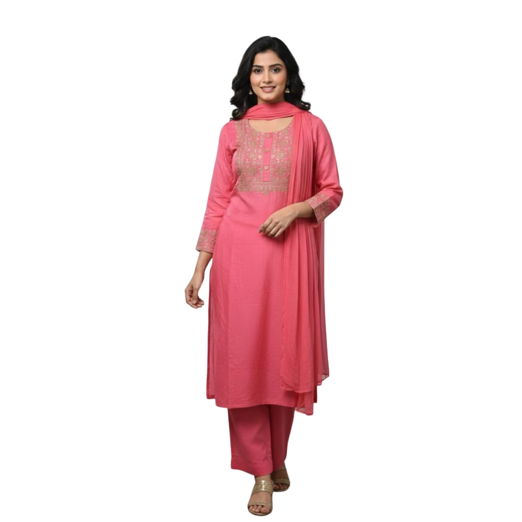 Women’s Coral Pink Cotton Embroidered Kurta Pant Dupatta Set | Elegant Ethnic Straight Suit Set