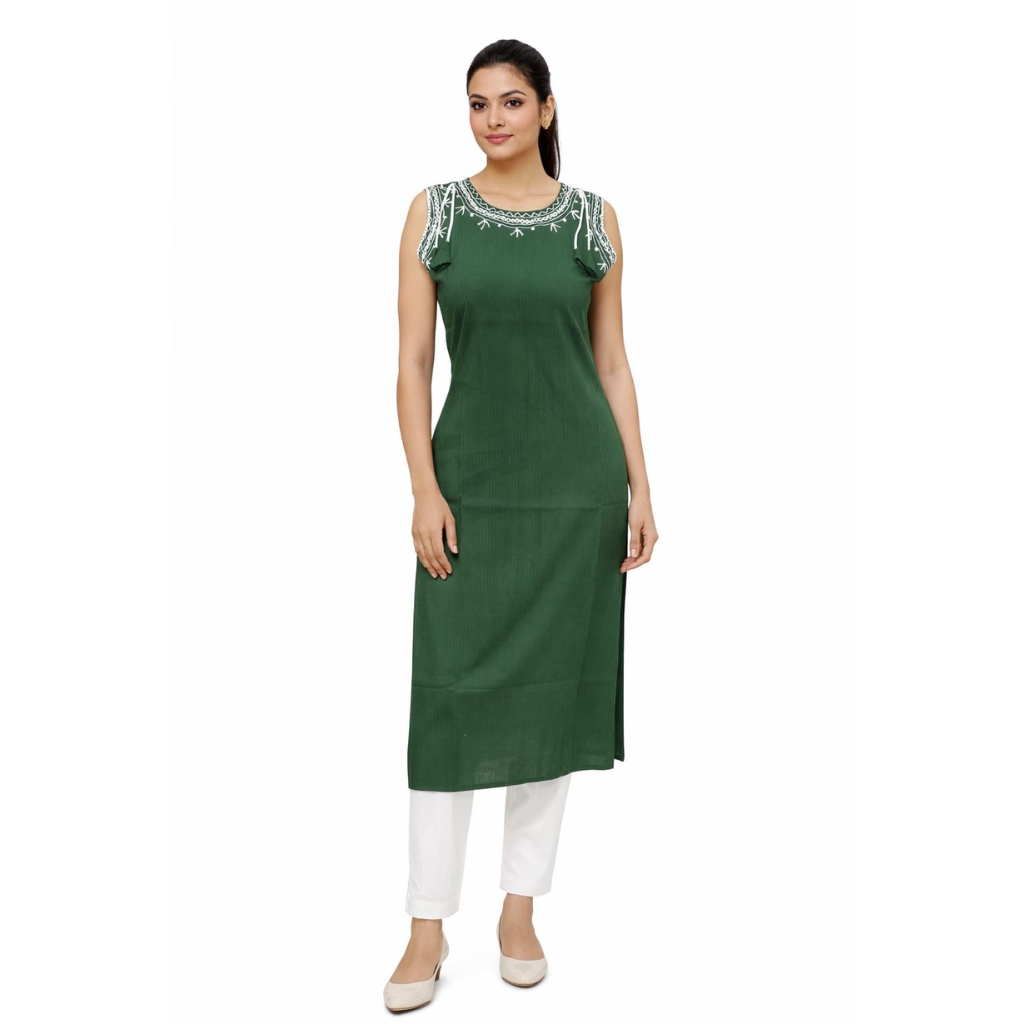 Women’s Green Sleeveless Straight Kurti | Embroidered Round Neck Ethnic Kurta | Calf Length Side Slit Casual & Office Wear