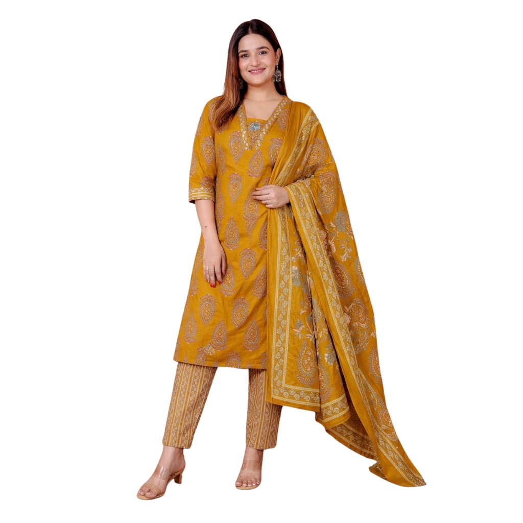 Women’s Mustard Yellow Cotton Printed Kurta Pant Dupatta Set | Ethnic Straight Suit Set | Festive & Casual Wear