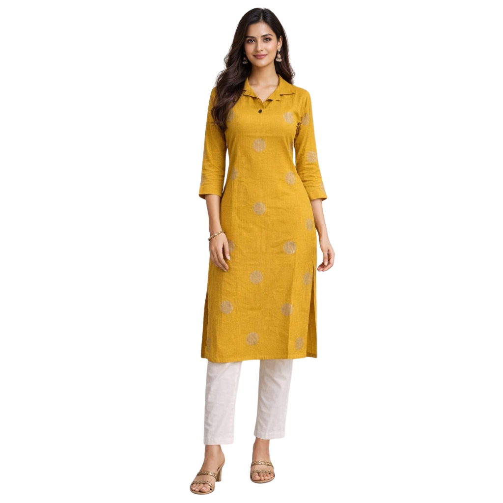 Women’s Mustard Yellow Straight Kurti | Polka Dot Print 3/4 Sleeve Ethnic Kurta | Collar Neck Calf Length Casual & Office Wear