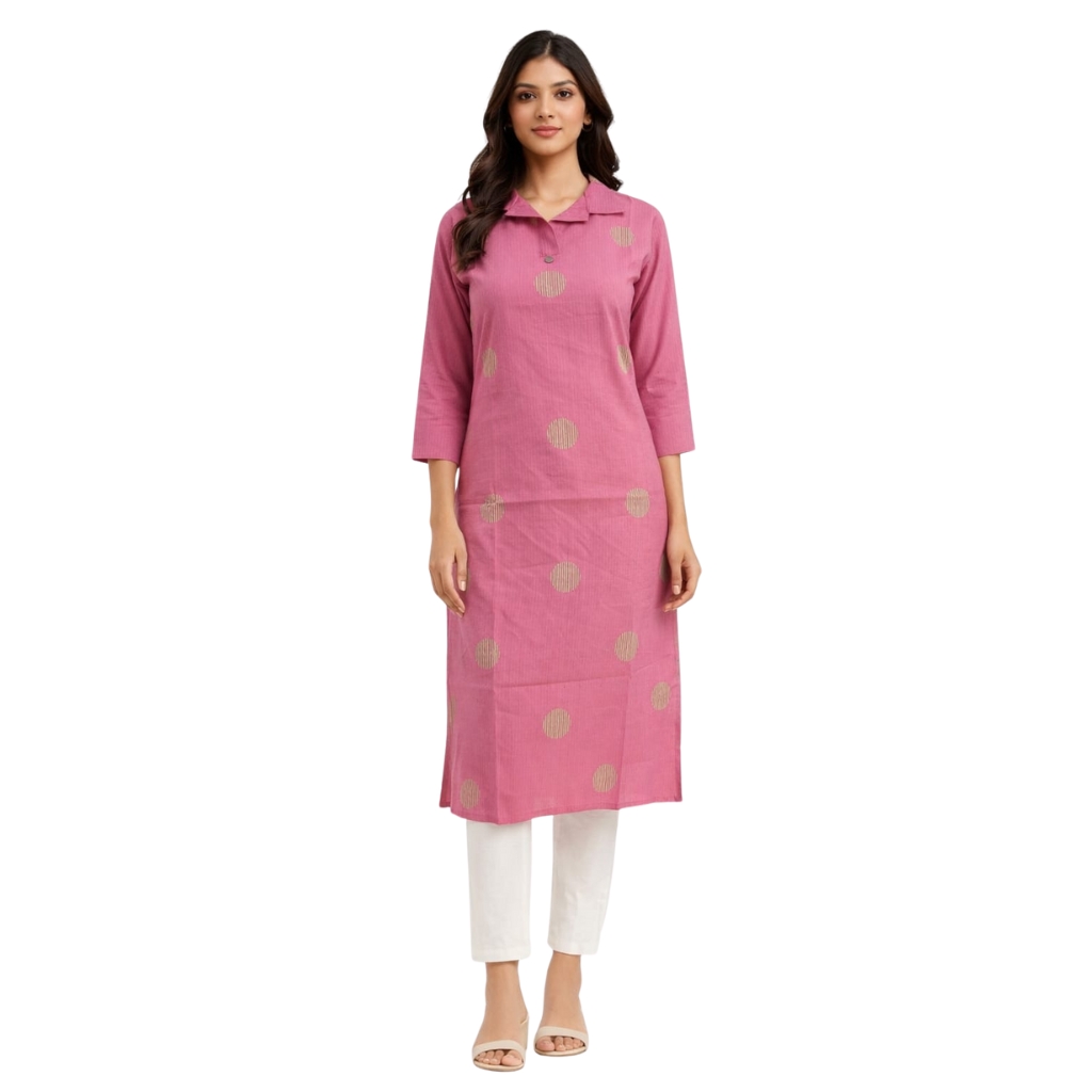 Women’s Pink Straight Kurti | Gold Polka Dot Printed Ethnic Kurta | 3/4 Sleeve Collar Neck Calf Length Casual & Office Wear