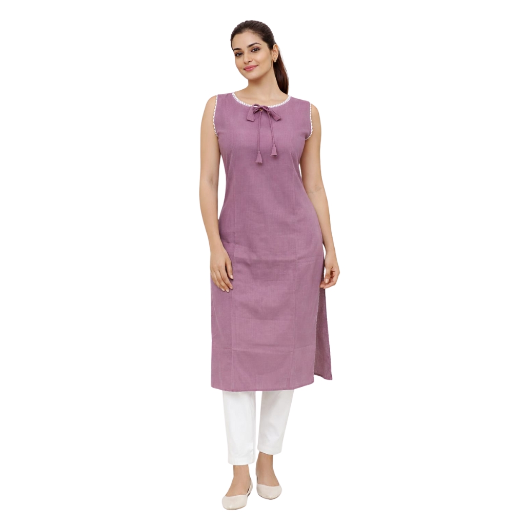 Women’s Pure Cotton Solid Sleeveless Kurti | Round Neck Lace Detail with Tie-Up Tassel | Straight Casual & Daily Wear Kurta