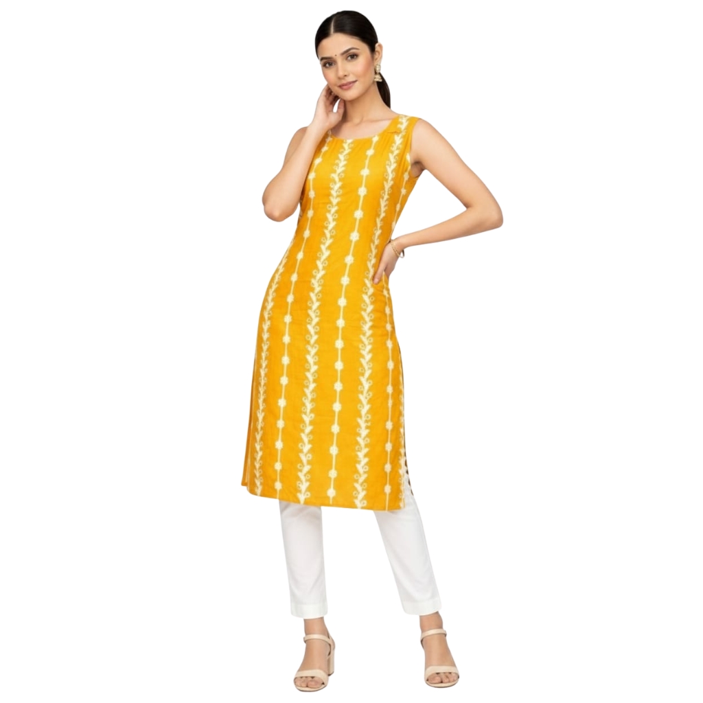 Women’s Mustard Yellow Sleeveless Straight Kurti | Vertical Printed Ethnic Kurta | Round Neck Calf Length Casual & Office Wear
