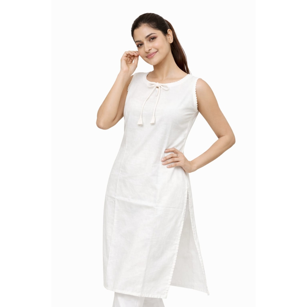 Women’s Pure Cotton Solid Sleeveless Kurti | Round Neck Tie-Up Detail | Straight Casual & Daily Wear Kurta