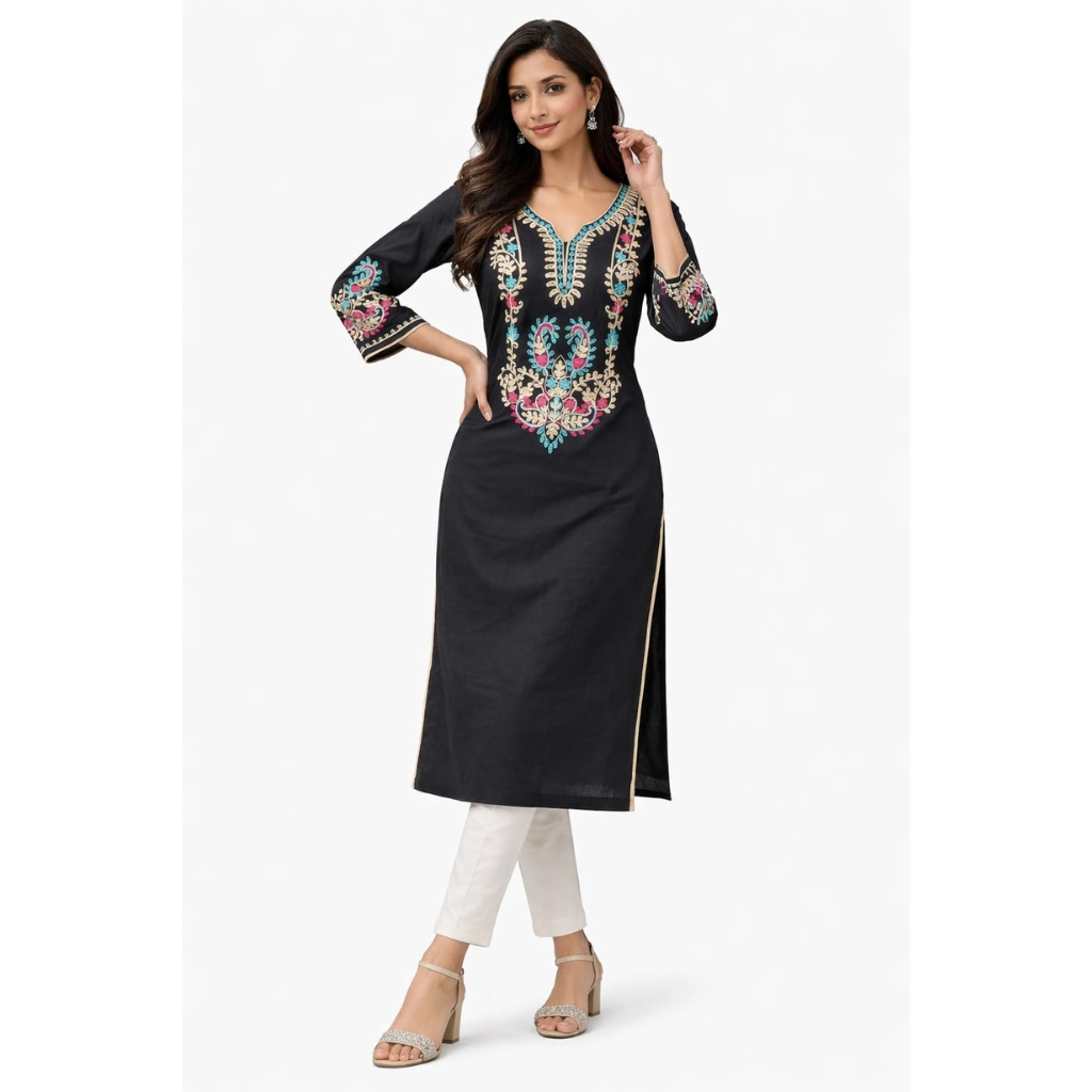 Women’s Elegant Black Embroidered Kurti | Cotton Straight Fit Kurta | Festive & Casual Wear