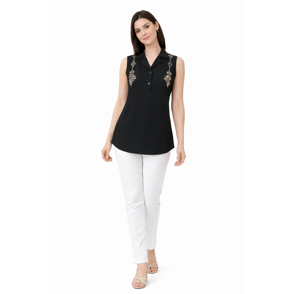 Women’s Rayon Embroidered Sleeveless Shirt Style Top | Floral Thread Work Collar Neck Tunic | Casual & Office Wear Kurti Top