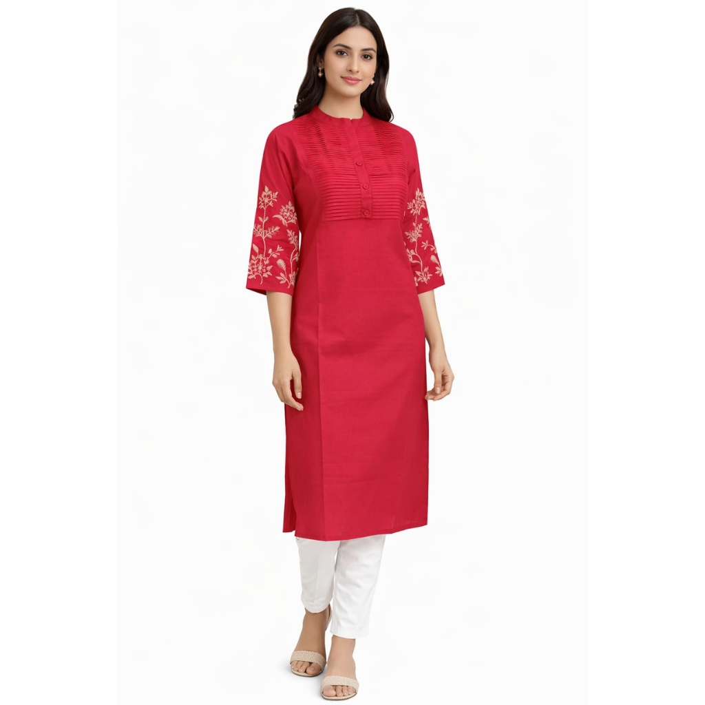Women’s Solid Red Cotton Kurti with Embroidered Sleeves | 3/4 Sleeve Straight Kurta | Ethnic & Office Wear