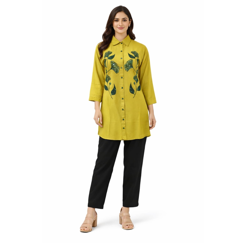 Women’s Mustard Yellow Printed Shirt Style Kurti | 3/4 Sleeves | Button-Down Collar Kurta | Casual & Office Wear Top