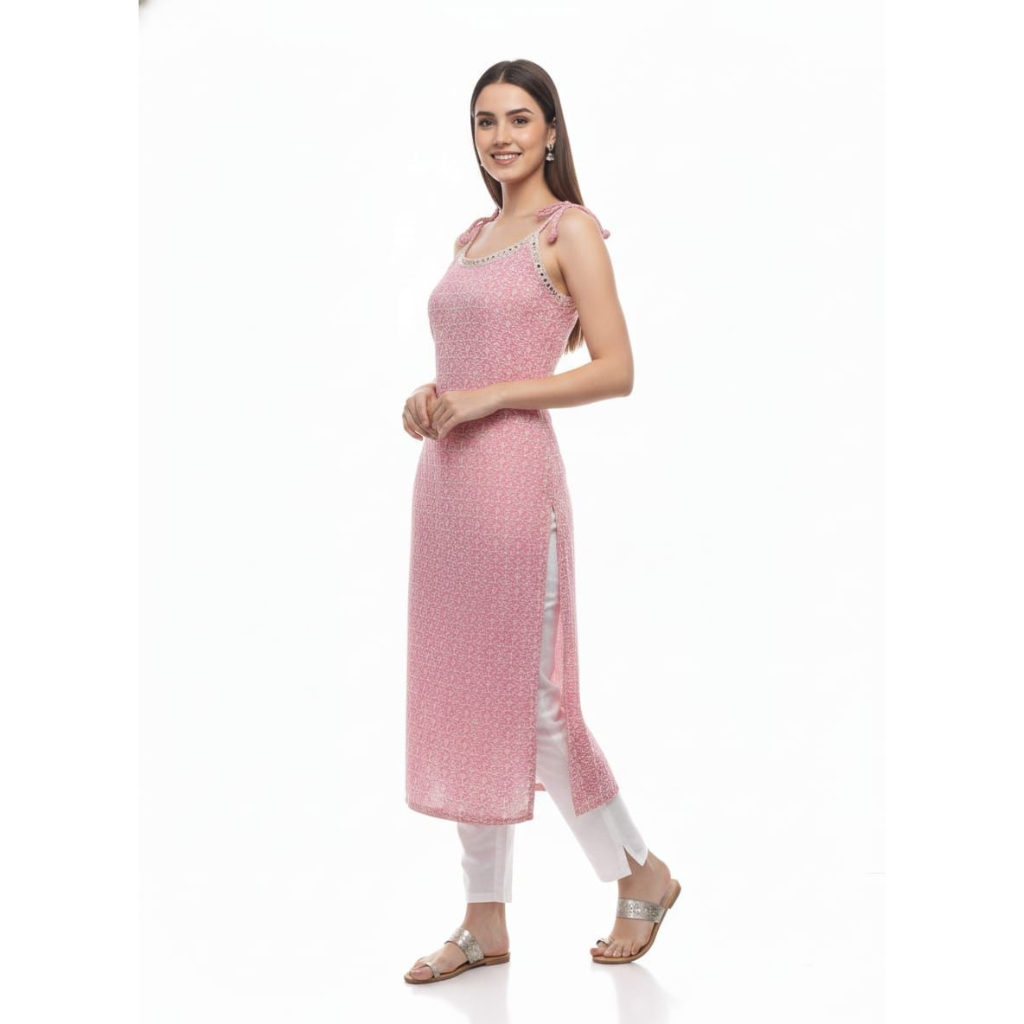 Women’s Pink Chikankari (Chicken Work) Cotton Kurti | Sleeveless Straight Calf Length Kurta | Tie-Up Shoulder Strap | Summer Ethnic Wear