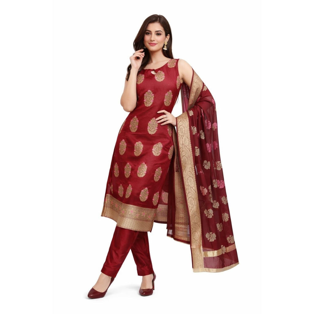 Women’s Maroon Banarasi Silk Salwar Suit Set with Dupatta | Gold Woven Zari Work | Sleeveless Ethnic Kurta with Pant | Festive & Wedding Wear