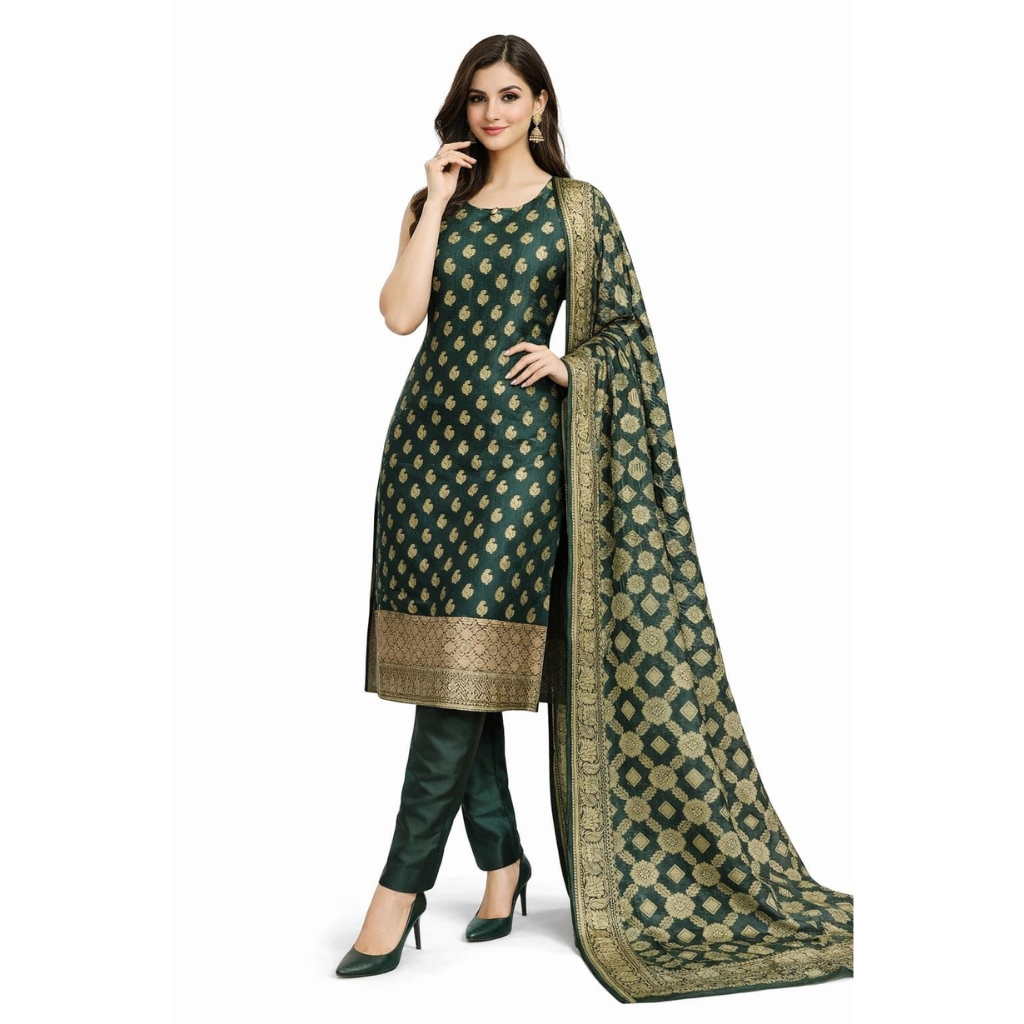 Women’s Dark Green Banarasi Silk Salwar Suit Set with Dupatta | Gold Zari Woven Ethnic Kurta & Pant | Festive Wedding Wear