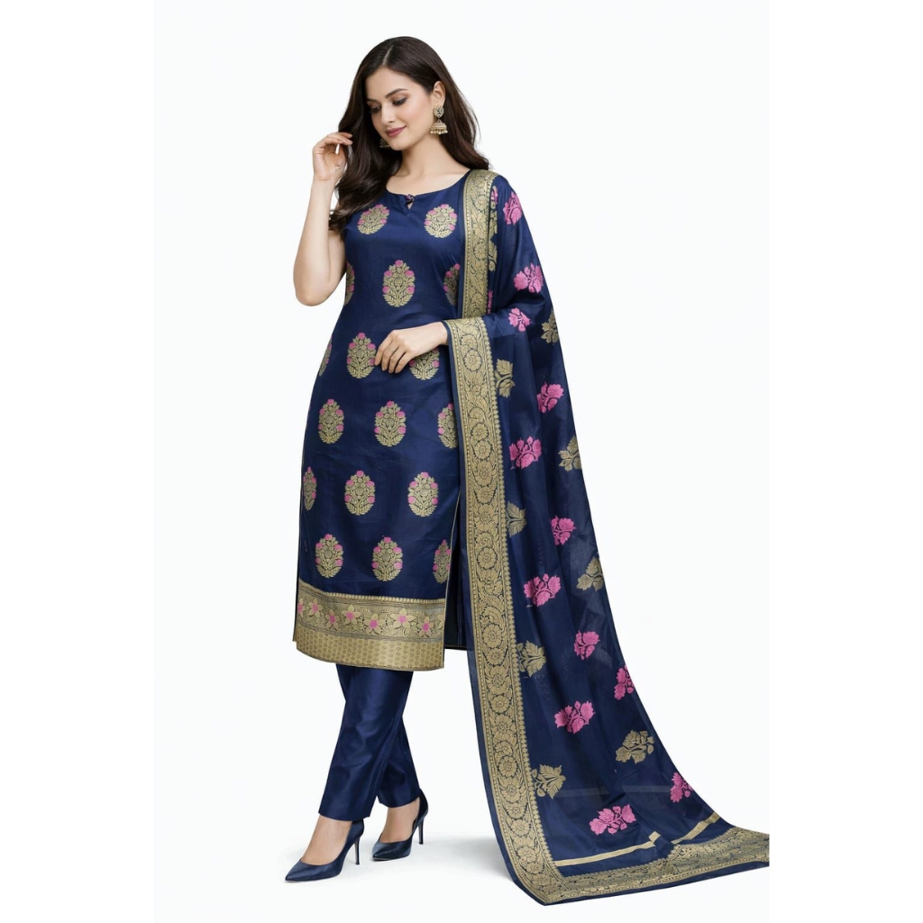 Women’s Navy Blue Banarasi Silk Salwar Suit Set with Dupatta | Gold Zari Woven Kurta & Pant | Festive Wedding Ethnic Wear