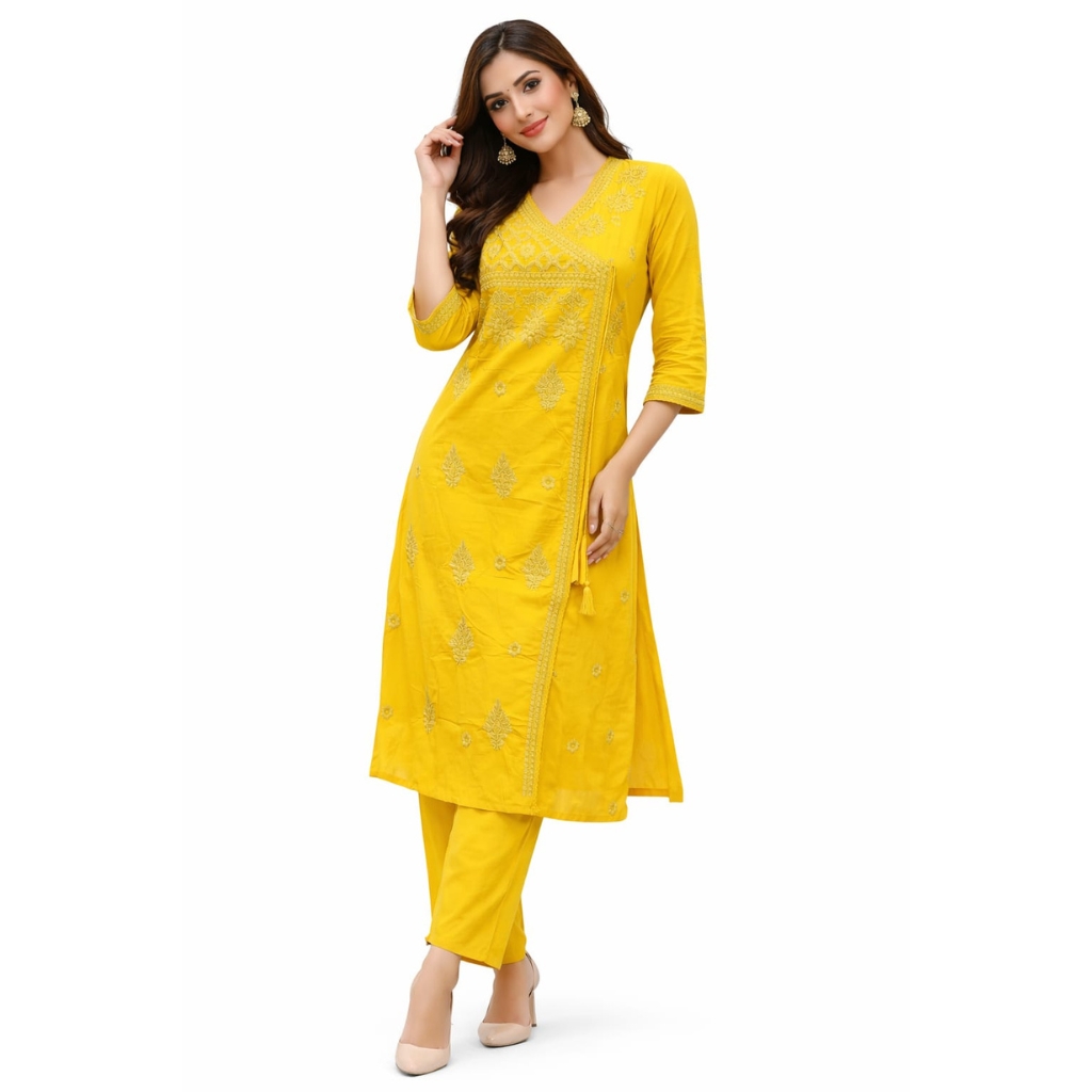 Women’s Cotton Embroidered Kurta Pant Set | V-Neck 3/4 Sleeve Straight Kurti with Side Tie-Up | Ethnic Festive & Casual Wear Suit Set (Mustard Yellow)