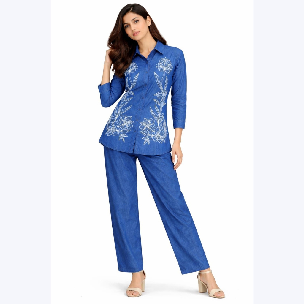 Women’s Blue Denim Co-Ord Set | Floral Embroidery Shirt & Straight Fit Pants | Trendy Casual Wear