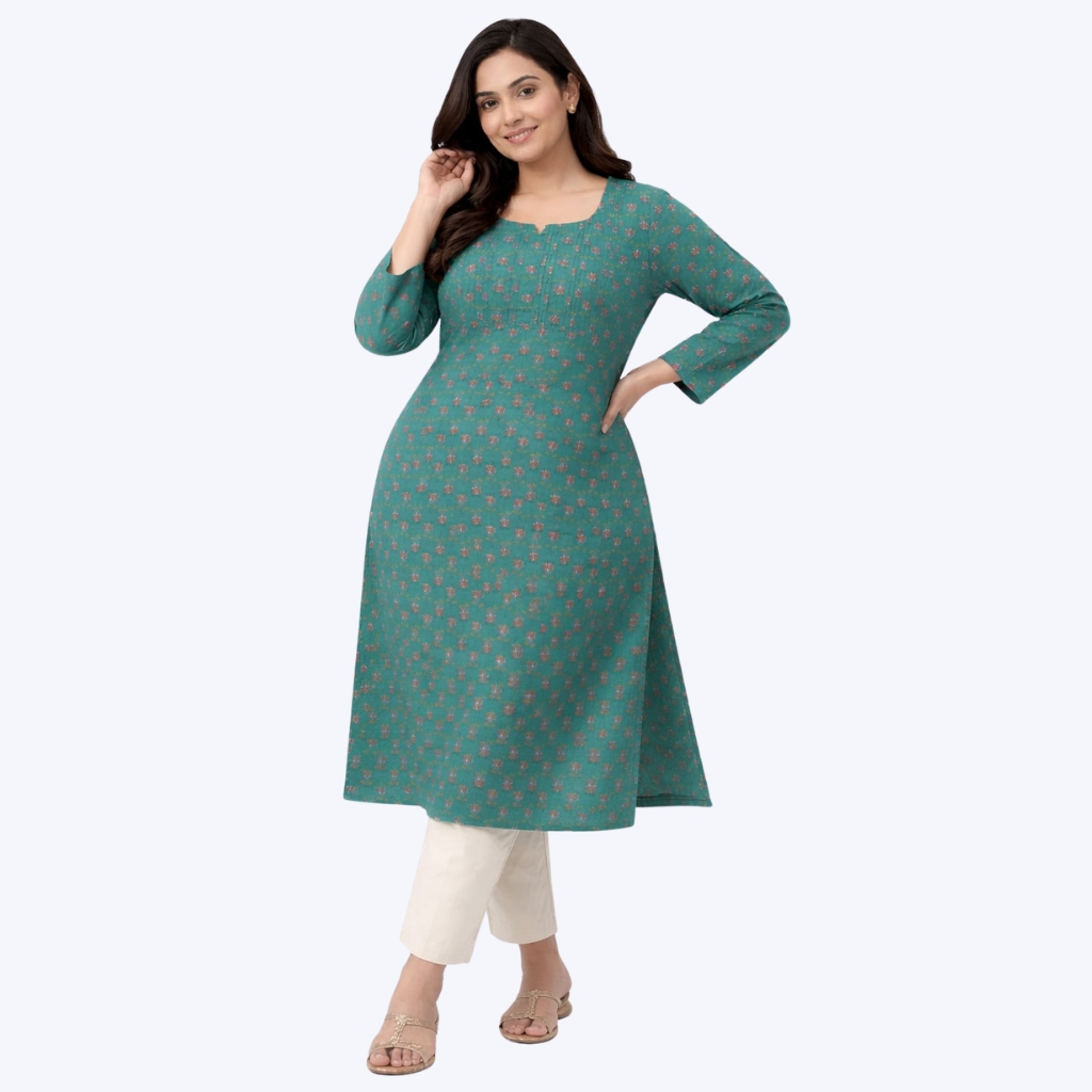 Women’s Green Cotton Printed Kurti | Round Neck Printed Design | 3/4 Sleeve Casual Ethnic Wear