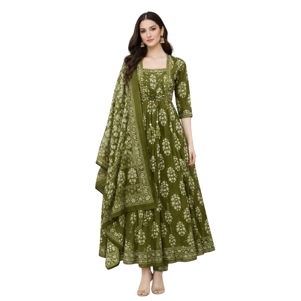 Women Olive Green Cotton Anarkali Kurta Set with Dupatta | Floral Printed Ethnic Dress | 3/4 Sleeve Flared Kurti Set for Festive & Casual Wear