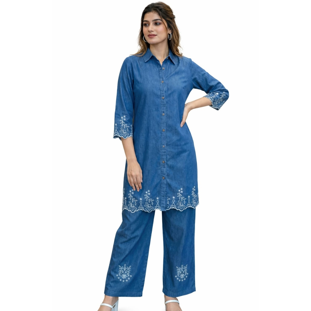 Women Denim Kurta Palazzo Set with Floral Embroidery | Indigo Blue Cotton Blend Straight Kurti & Wide Leg Pants | Casual & Office Wear Co-ord Set