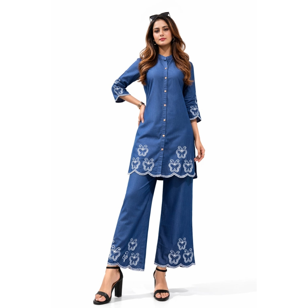 Women Denim Co-ord Set with Embroidered Kurti & Palazzo Pants | Indigo Blue Cotton Blend Kurta Set | Casual & Office Wear Outfit