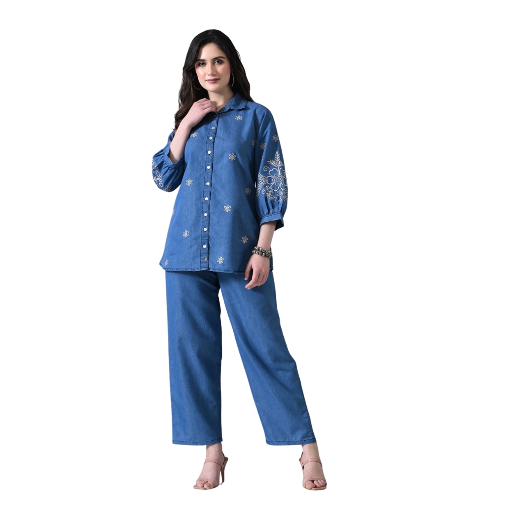 Women Denim Co-ord Set with Embroidered Shirt & Straight Pants | Indigo Blue Cotton Blend Top & Trouser Set | Casual & Smart Wear Outfit