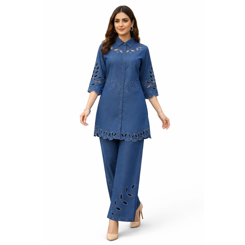 Women Denim Co-ord Set with Cutwork Embroidered Kurti & Straight Pants | Indigo Blue Cotton Blend Kurta Set | Stylish Casual & Office Wear Outfit