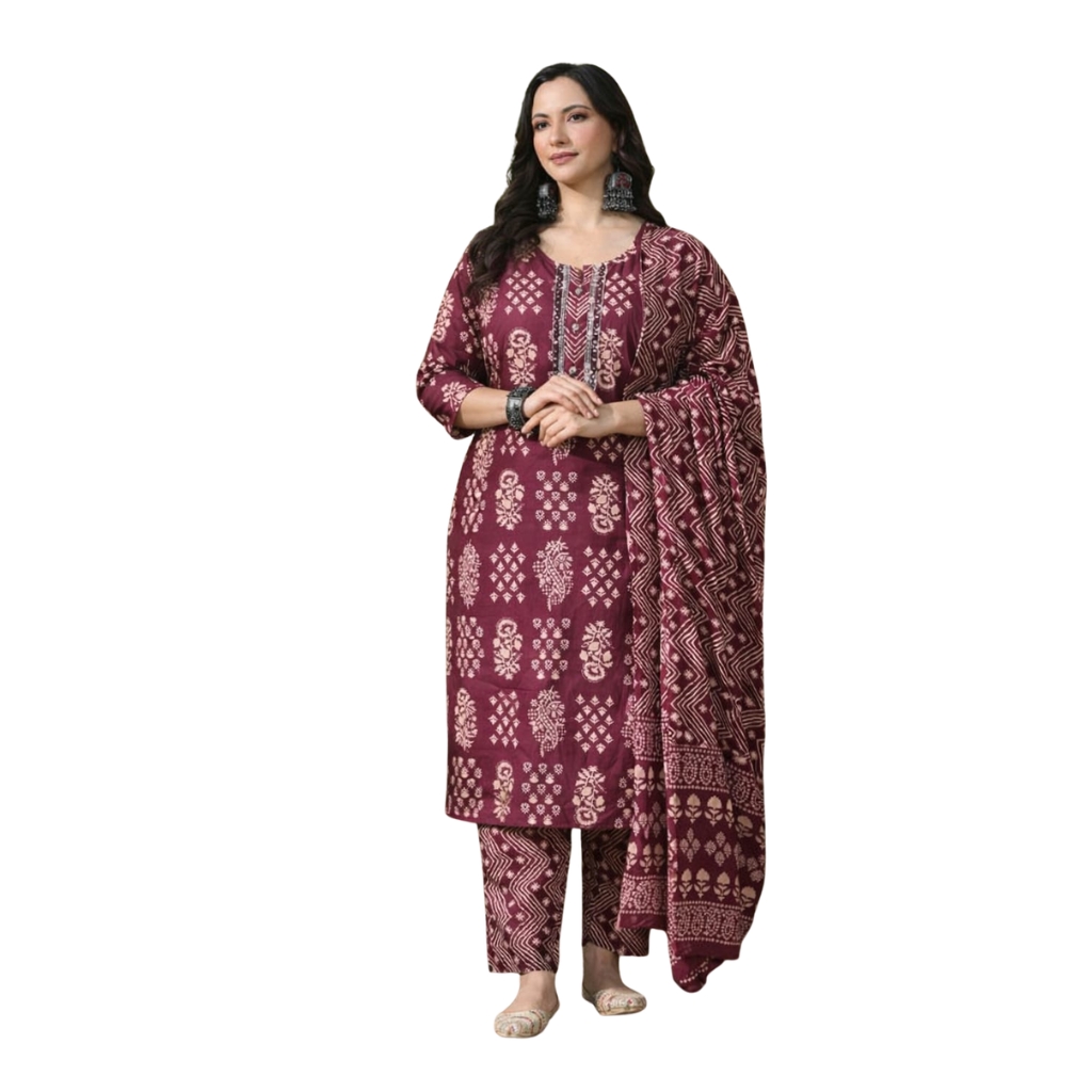 Women Maroon Cotton Kurta Pant Dupatta Set | Printed Ethnic Suit Set | Straight Kurti with Pant & Dupatta | Festive & Casual Wear