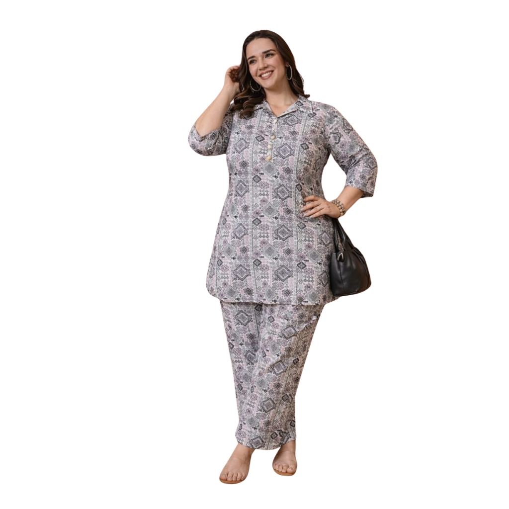 Women Plus Size Cotton Co-ord Set | Grey Printed Kurta Pant Set | Relaxed Fit Casual & Daily Wear Outfit