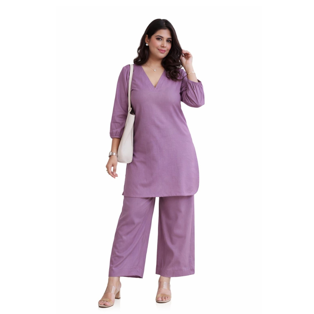Women Solid Lavender Cotton Co-ord Set | V-Neck Kurta with Palazzo Pants | Casual & Office Wear Outfit