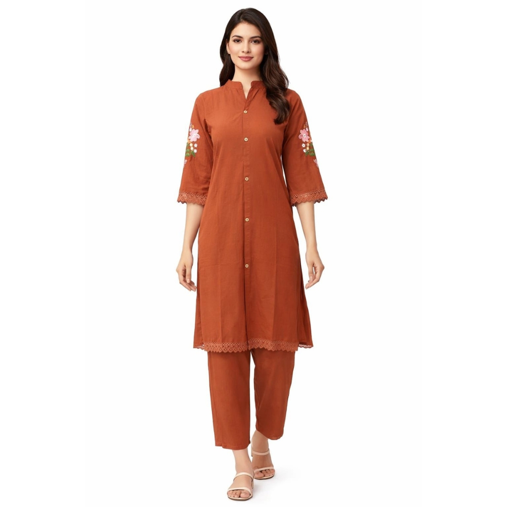 Women Rust Orange Cotton Kurta Pant Set | Floral Embroidered Straight Kurta with Pants | Ethnic Casual & Office Wear