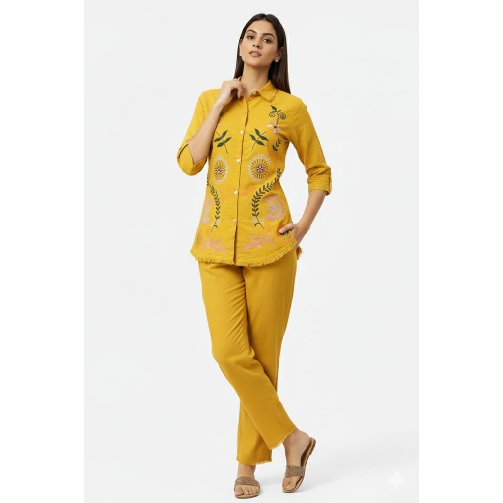 Women Mustard Yellow Cotton Kurta Pant Set | Floral Embroidered Straight Kurta with Pants | Casual & Ethnic Wear