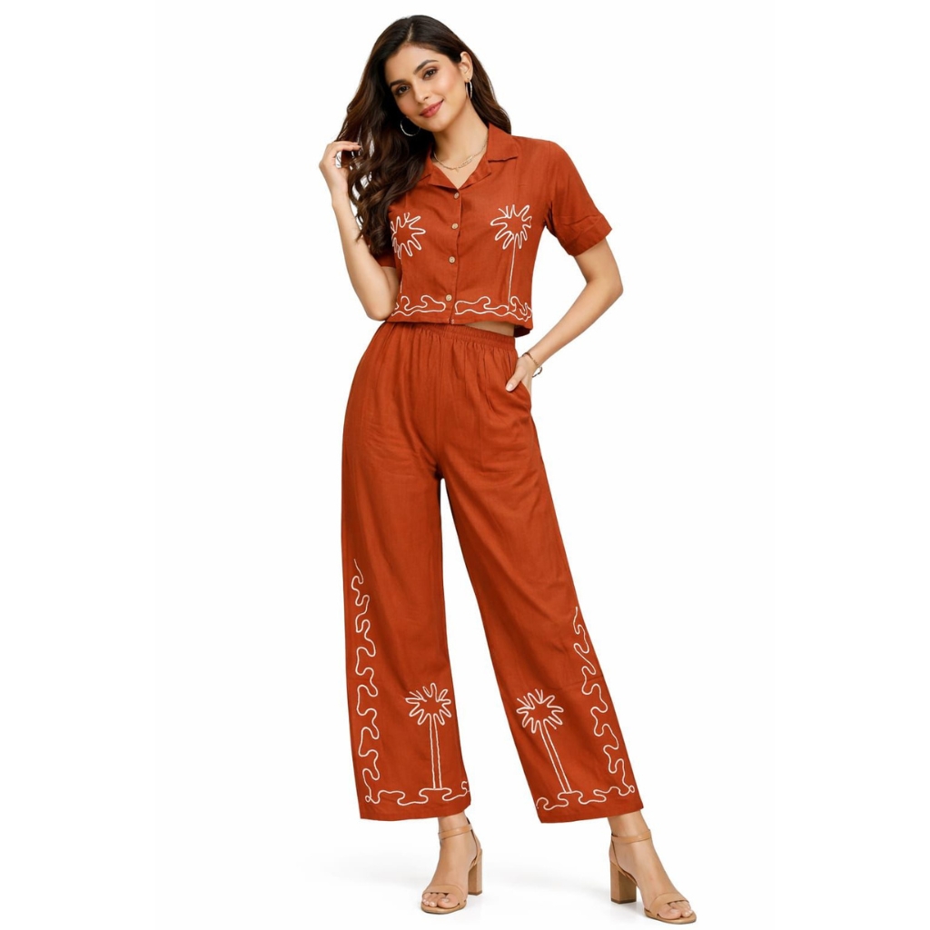Women Rust Orange Co-Ord Set | Printed Crop Shirt Top & Wide Leg Pants Set | Casual Summer Outfit