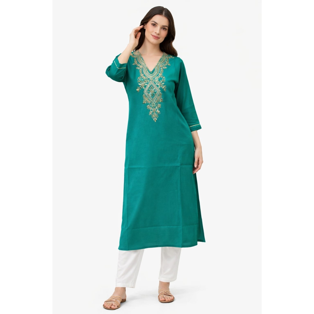 Women Teal Green Embroidered Kurta | Straight Fit V-Neck Ethnic Kurti | Casual & Festive Wear