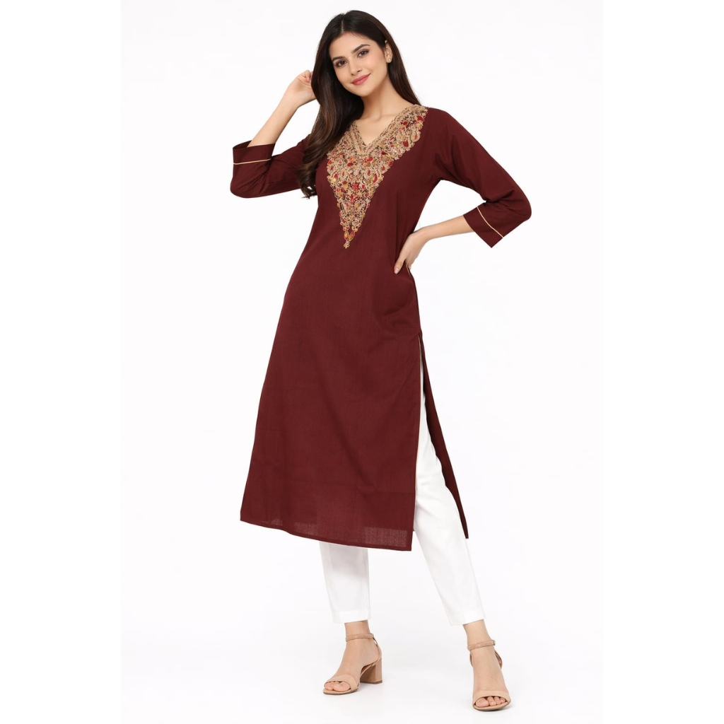 Women Maroon Embroidered Kurta | V-Neck Straight Fit Ethnic Kurti | Festive & Party Wear