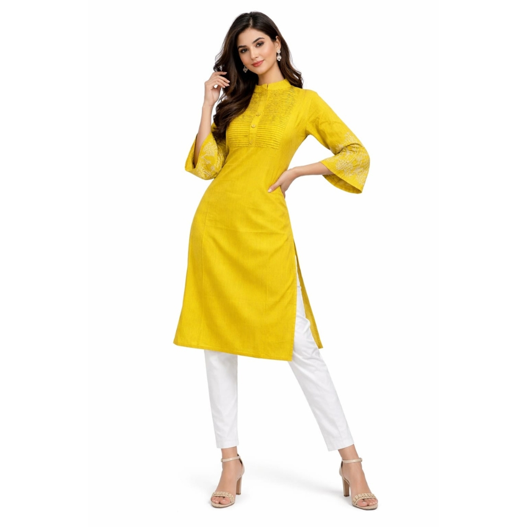 Women Yellow Straight Kurta | Pintuck Front Design with Embroidered Sleeves | Casual & Office Wear Kurti