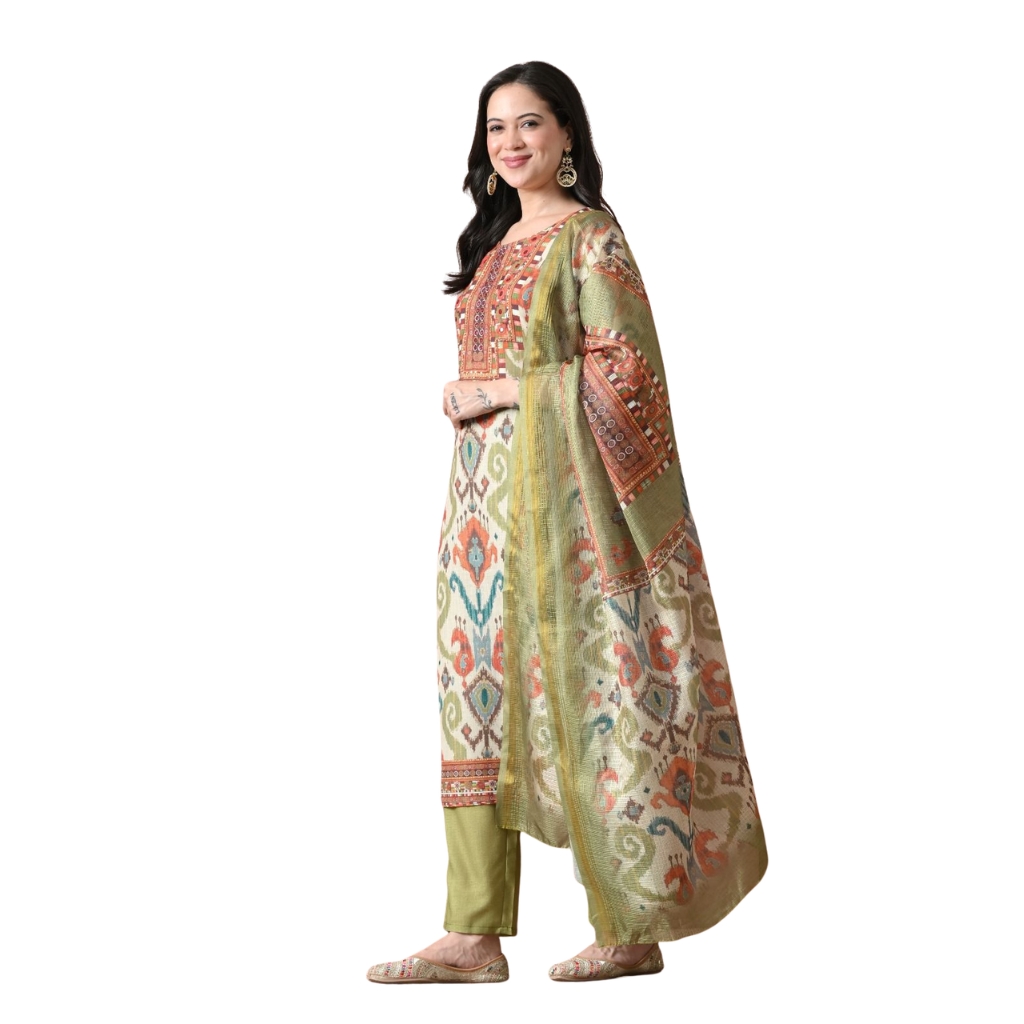 Women Digital Printed Linen Kurta Pant Dupatta Set | Ethnic Suit Set with Dupatta | Straight Kurti with Pant | Festive & Casual Wear