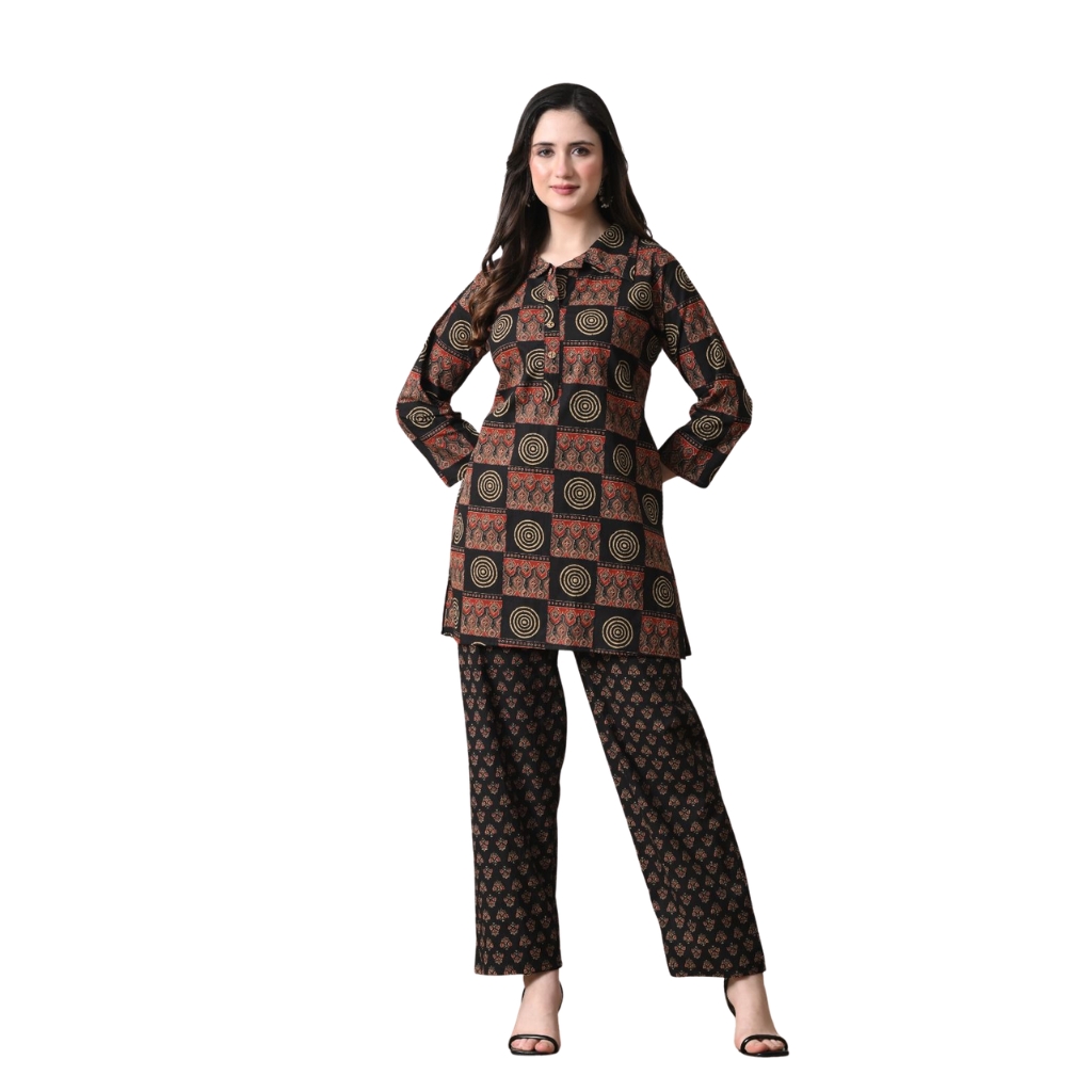 Women Cotton Printed Kurta Pant Set | Ethnic Co-Ord Set | 3/4 Sleeve Straight Kurti with Relaxed Fit Pants | Casual & Festive Wear