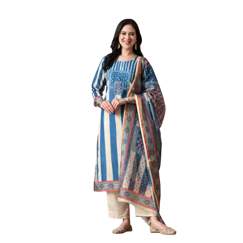 Women Digital Printed Linen Kurta Pant Dupatta Set | Blue Stripe Ethnic Suit Set | Straight Kurti with Pant & Printed Dupatta | Casual & Festive Wear