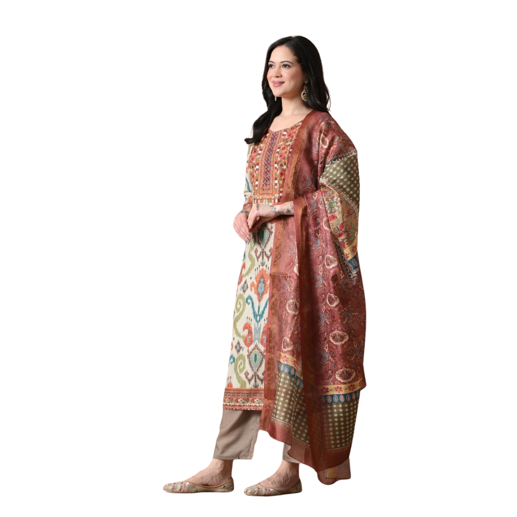 Women Digital Printed Linen Kurta Pant Dupatta Set | Ethnic Ikat Design Suit Set | Straight Kurti with Pant & Organza Dupatta | Festive Wear