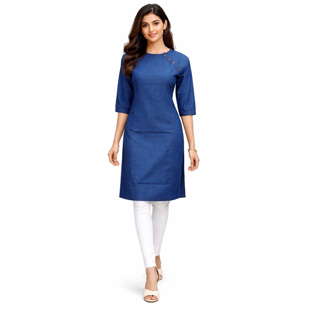 Women Denim Look Cotton Kurta | Stylish Side Button Detail Kurti | Straight Fit Casual & Office Wear Kurta for Women