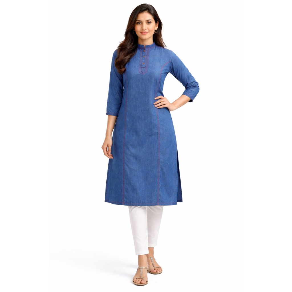 Women Solid Denim Look Kurta | Straight Fit Cotton Kurti | Mandarin Collar 3/4 Sleeve Casual Office Wear Kurta