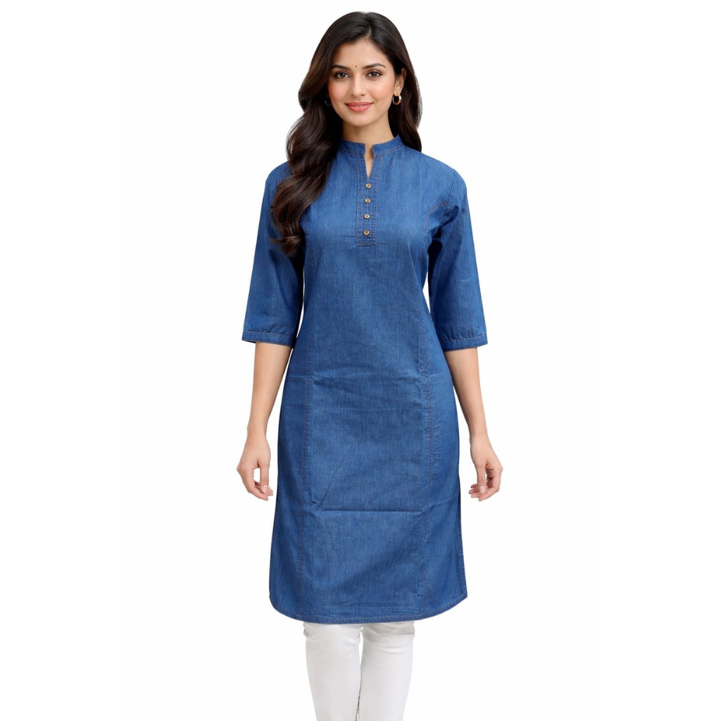 Women Denim Look Cotton Kurta | Straight Fit Solid Kurti | Mandarin Collar Button Placket | Casual & Office Wear Kurta