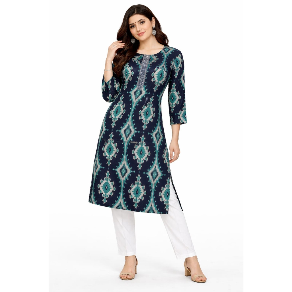 Women Rayon Printed Kurti | Ikat Design Straight Kurta | Stylish Casual & Office Wear Kurti for Women