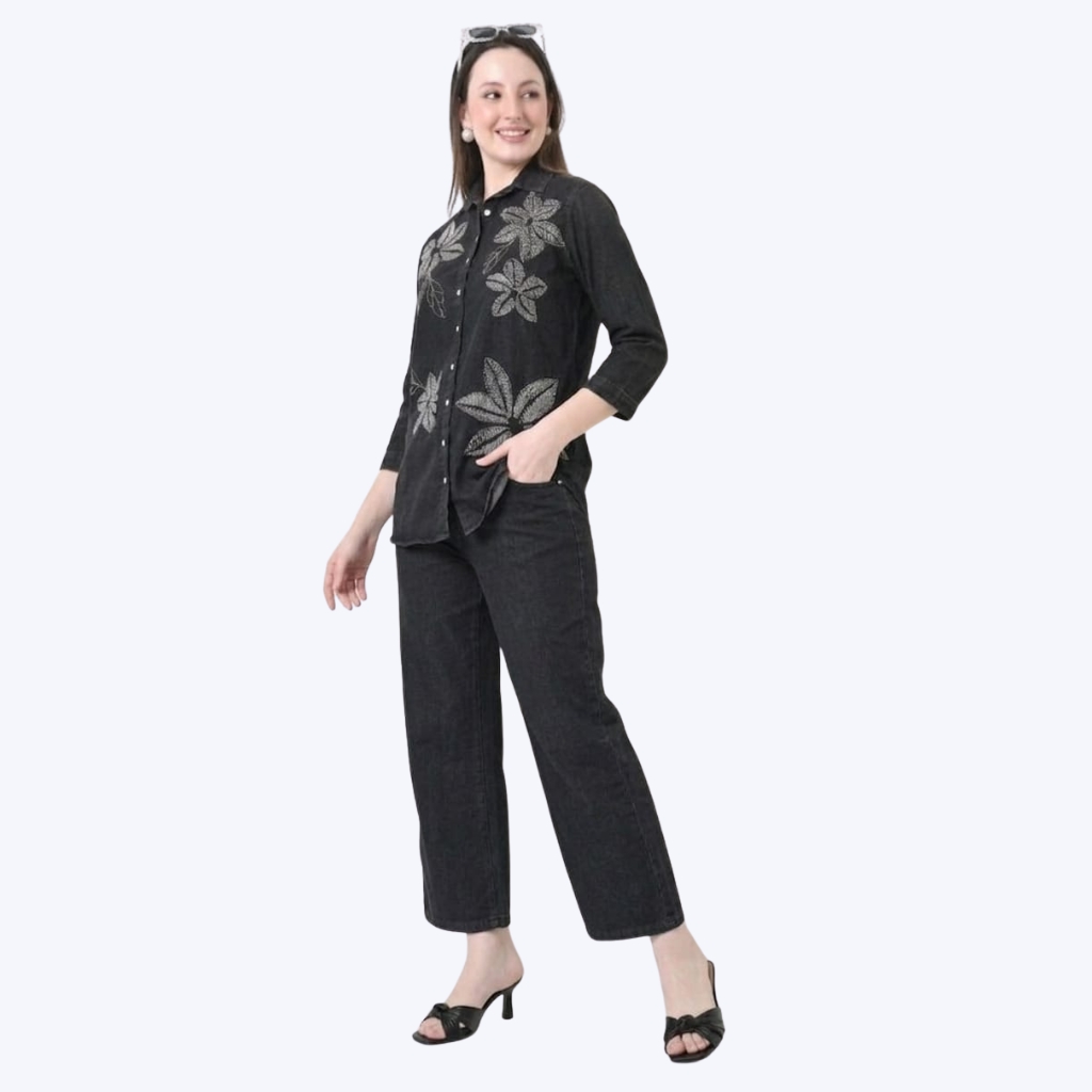 Women’s Black Denim Co-Ord Set | Floral Printed Shirt with Straight Fit Jeans | Casual Stylish Outfit