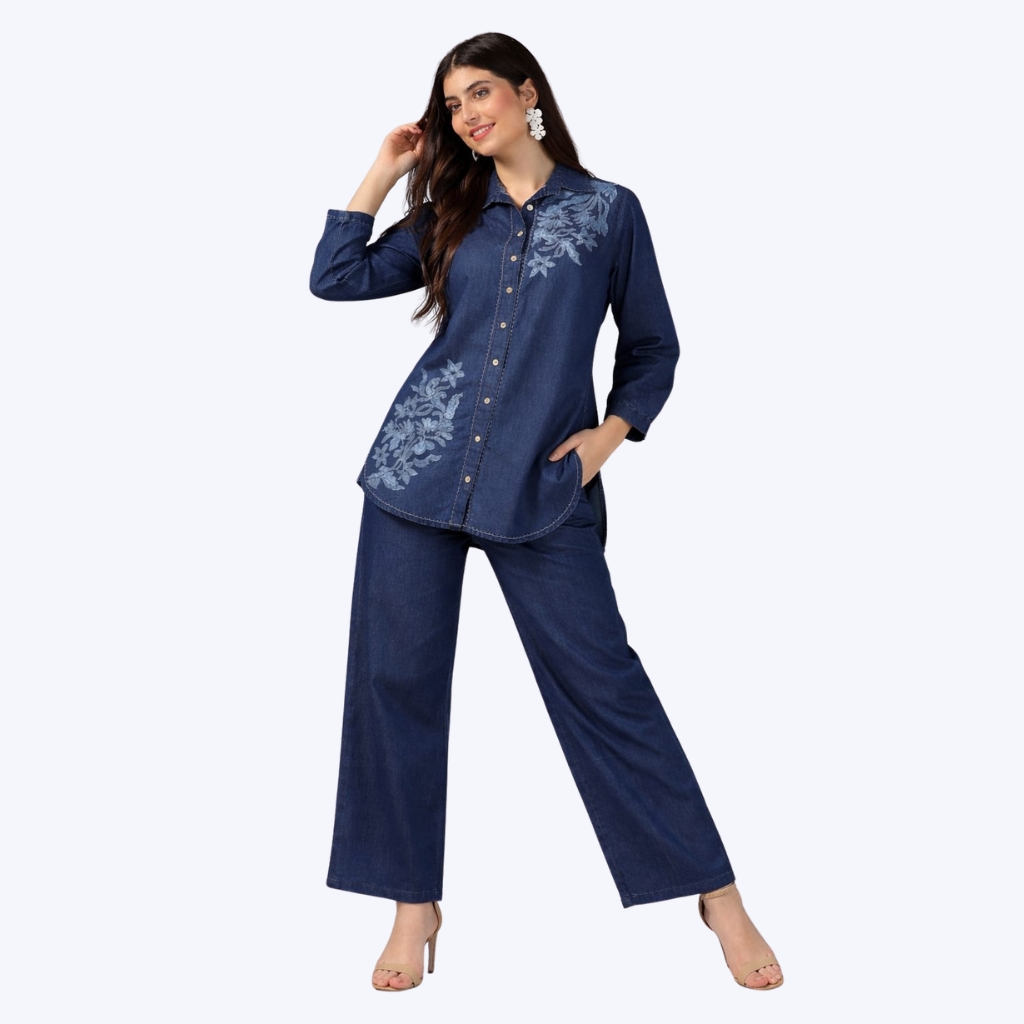 Women’s Denim Co-Ord Set | Floral Printed Shirt with Wide Leg Pants | Stylish Casual Western Wear