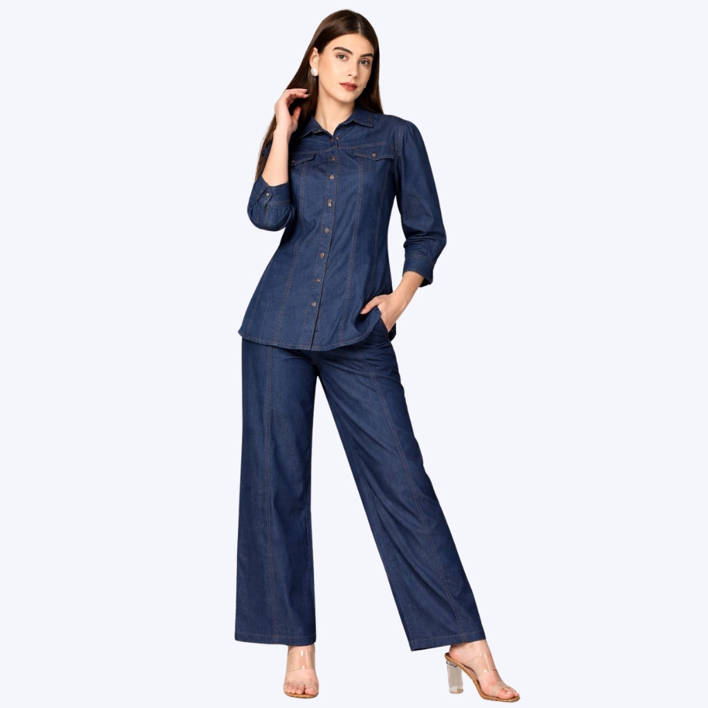 Women’s Denim Co-Ord Set | Solid Blue Shirt & Wide Leg Pants | Casual Western Wear Outfit
