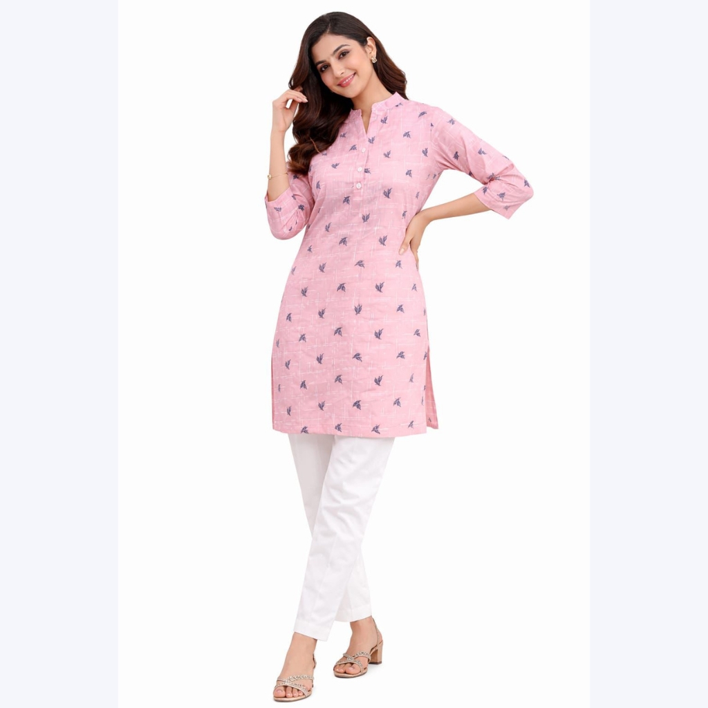 Women’s Pink Rayon Printed Kurti | Straight Fit Casual Ethnic Wear | 3/4 Sleeve Daily Wear