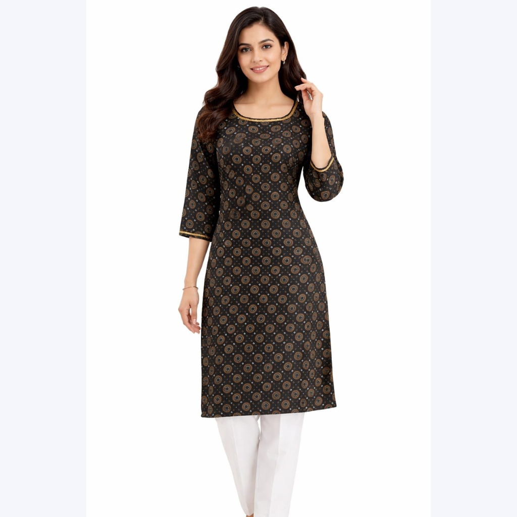 Women’s Black Rayon Printed Kurti | Straight Fit Casual Ethnic Wear | 3/4 Sleeve Daily Wear
