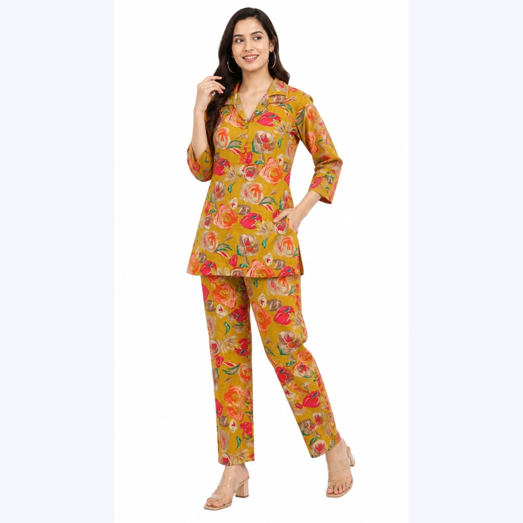 Women Floral Printed Rayon Co-Ord Set | Stylish Shirt Top & Pant Set for Women