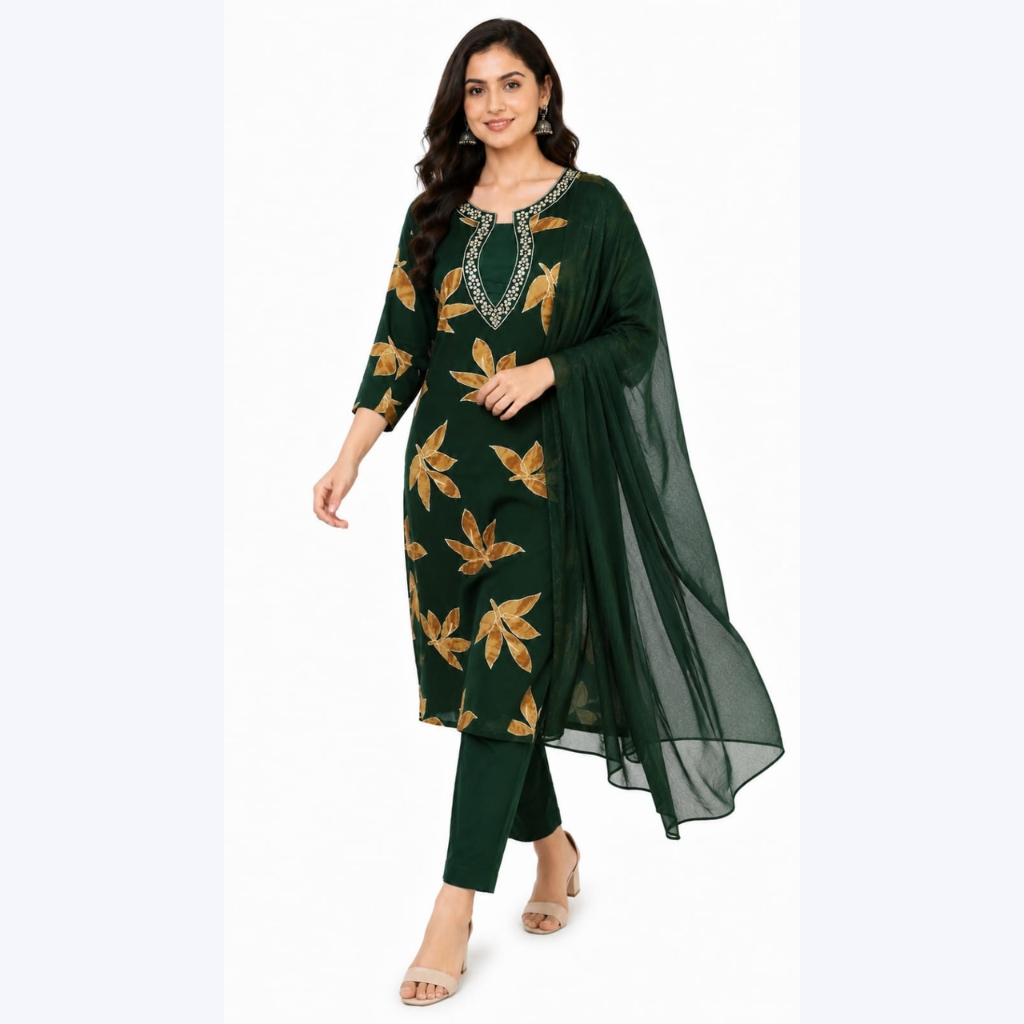 Women Printed Rayon Kurta Pant Dupatta Set | Elegant Ethnic Suit Set for Women