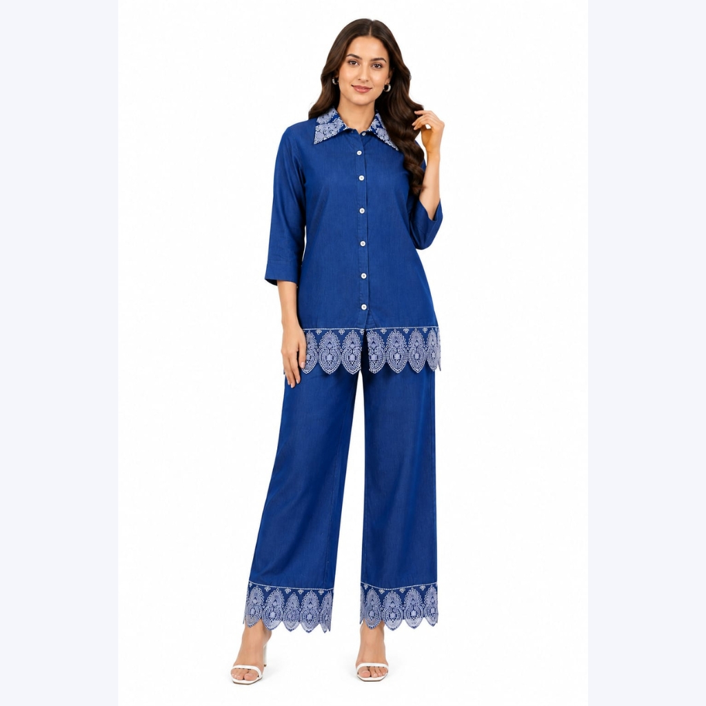 Women Solid Blue Co-Ord Set with Lace Collar | Stylish Shirt Top & Palazzo Pant Set for Women